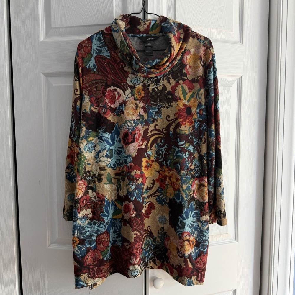 Ali Miles Womens Tunic Top Large Colorful Art to Wear Lagenlook Floral Artsy